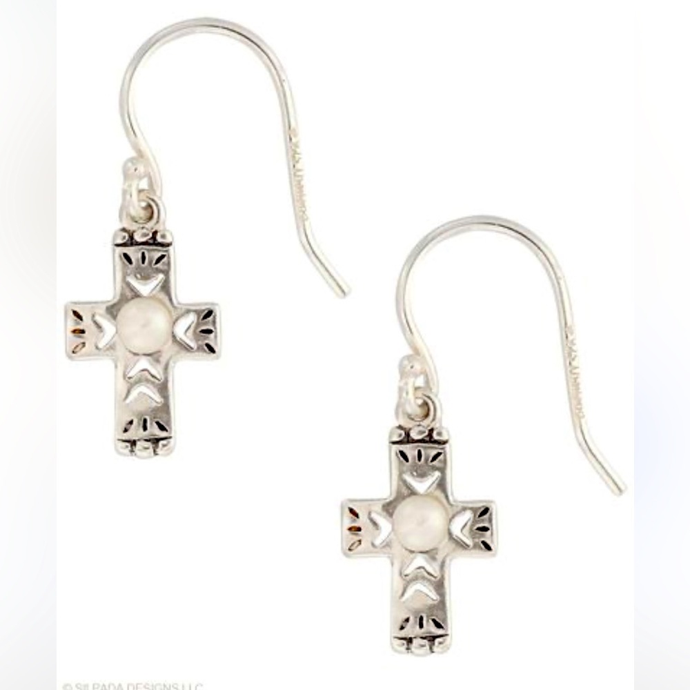 Silpada RARE Vintage Sterling Silver Pearl Dainty Cross Earrings